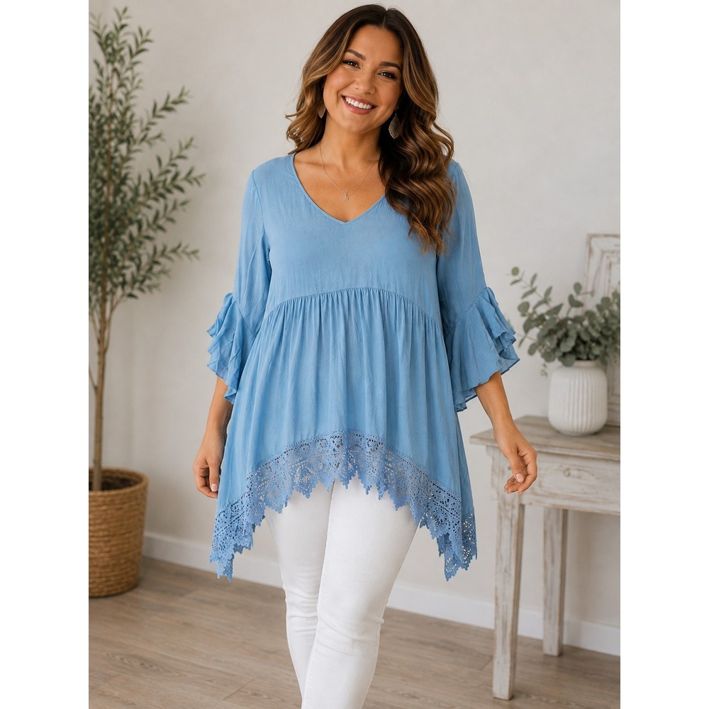 NWT Cupio Crochet Lace Women's Sz M Blue Boho Cottagecore Peasant Blouse Tunic